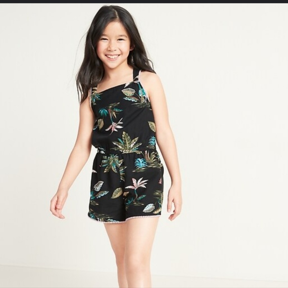Printed Pom-Pom Trim Sleevles Romper for Girls